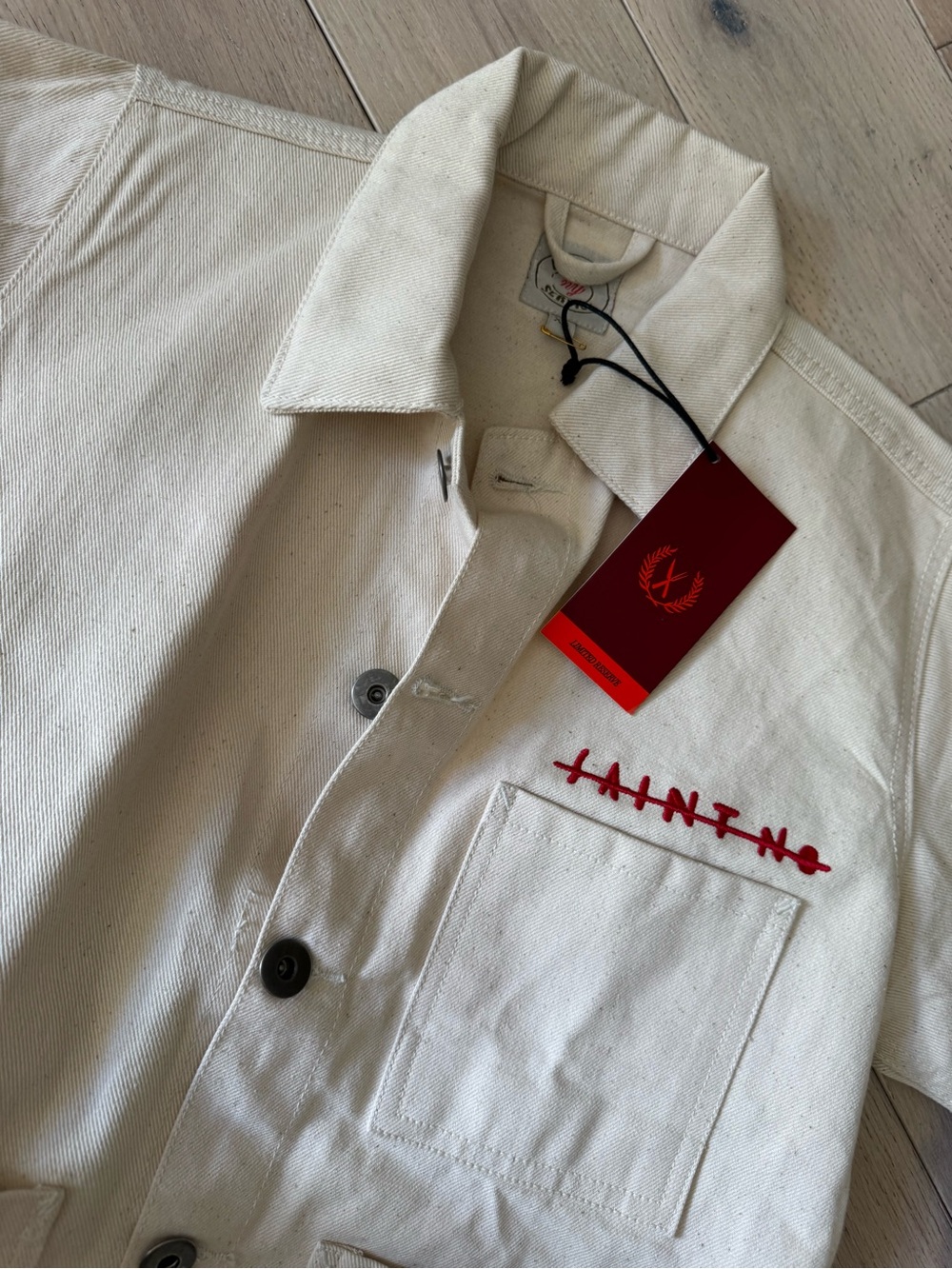 Cream Graphic Jean Jacket with Red Accent Print - Picture 10 of 10